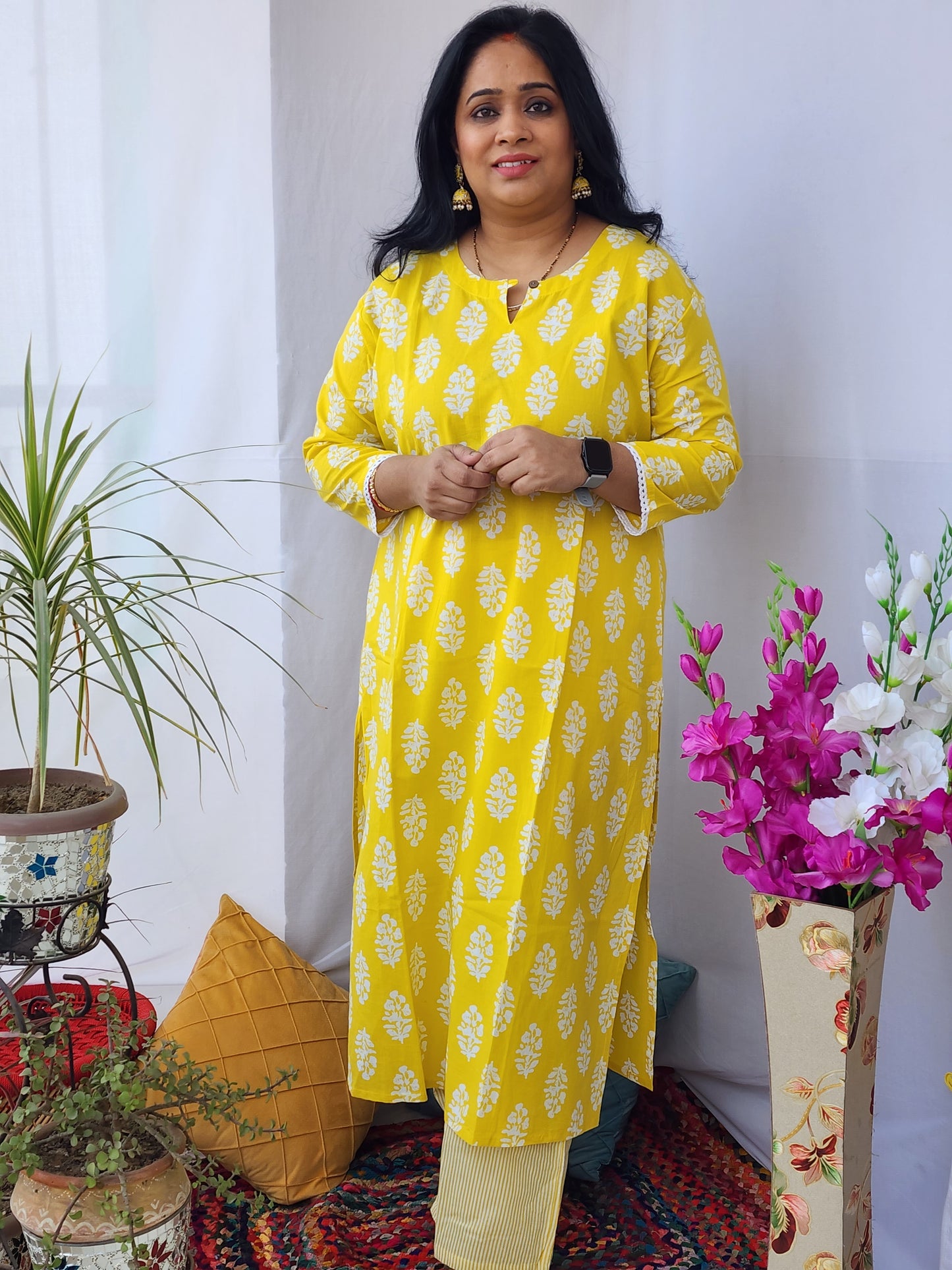 Yellow Block Print Cotton Kurta Pant