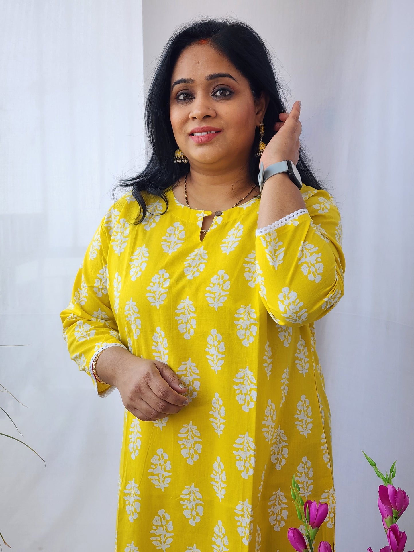 Yellow Block Print Cotton Kurta Pant