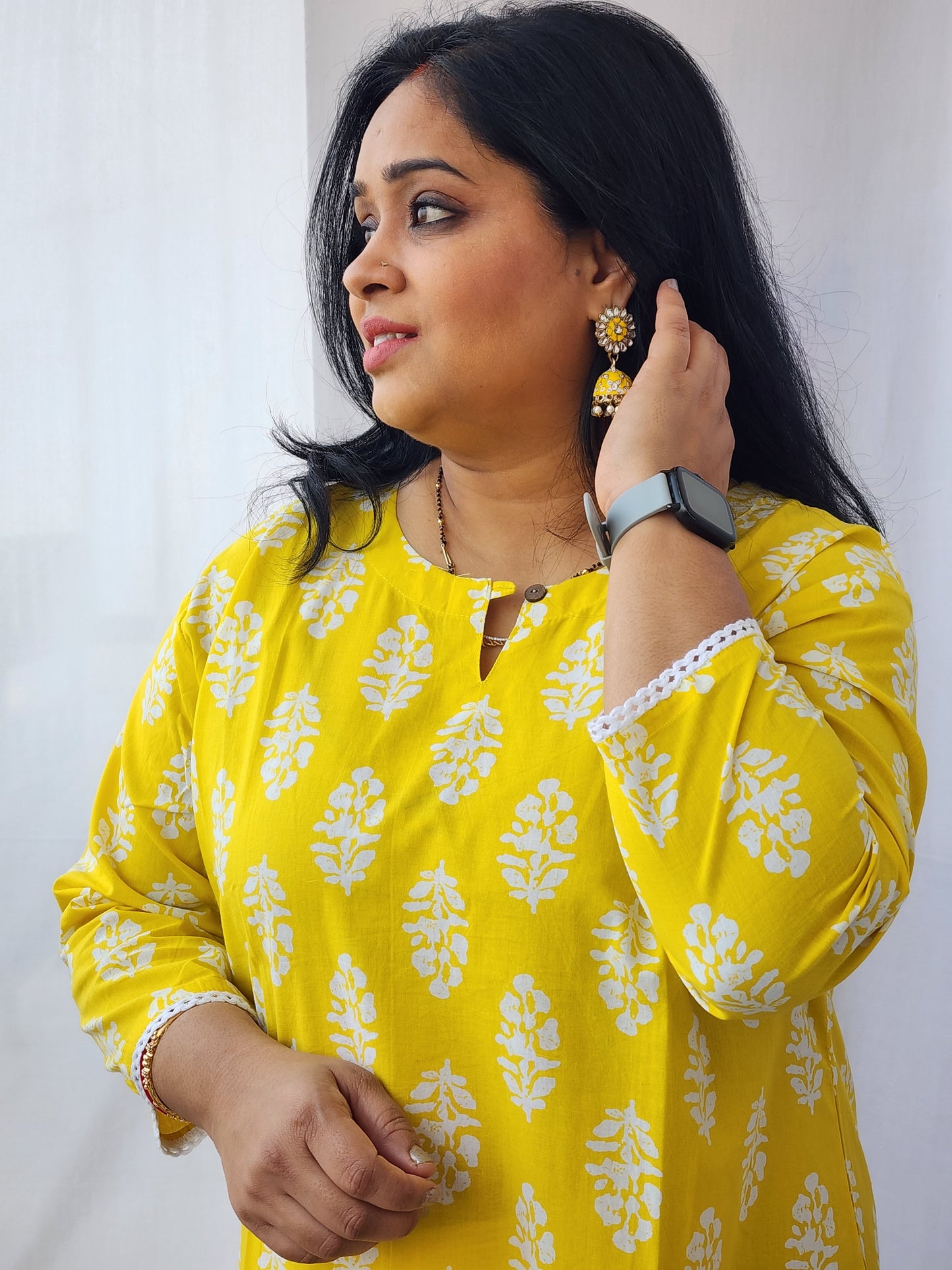 Yellow Block Print Cotton Kurta Pant