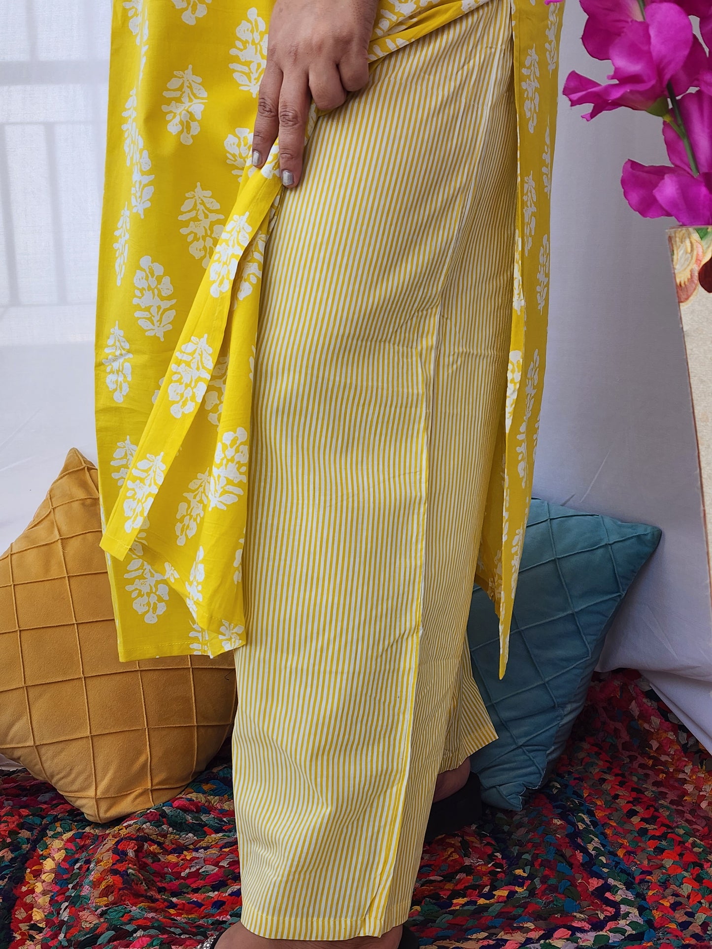 Yellow Block Print Cotton Kurta Pant