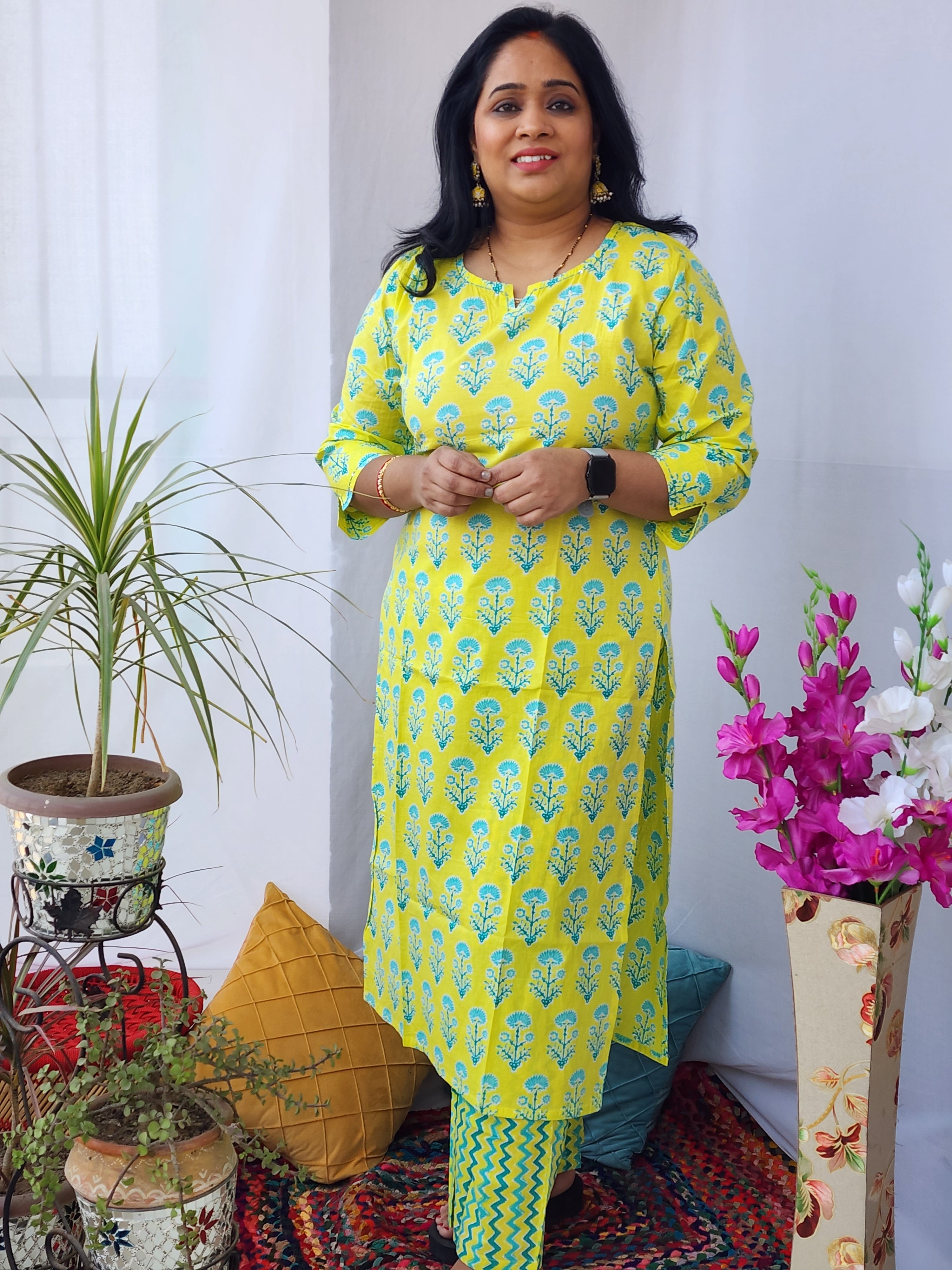 Yellow Block Print Kurta Pant