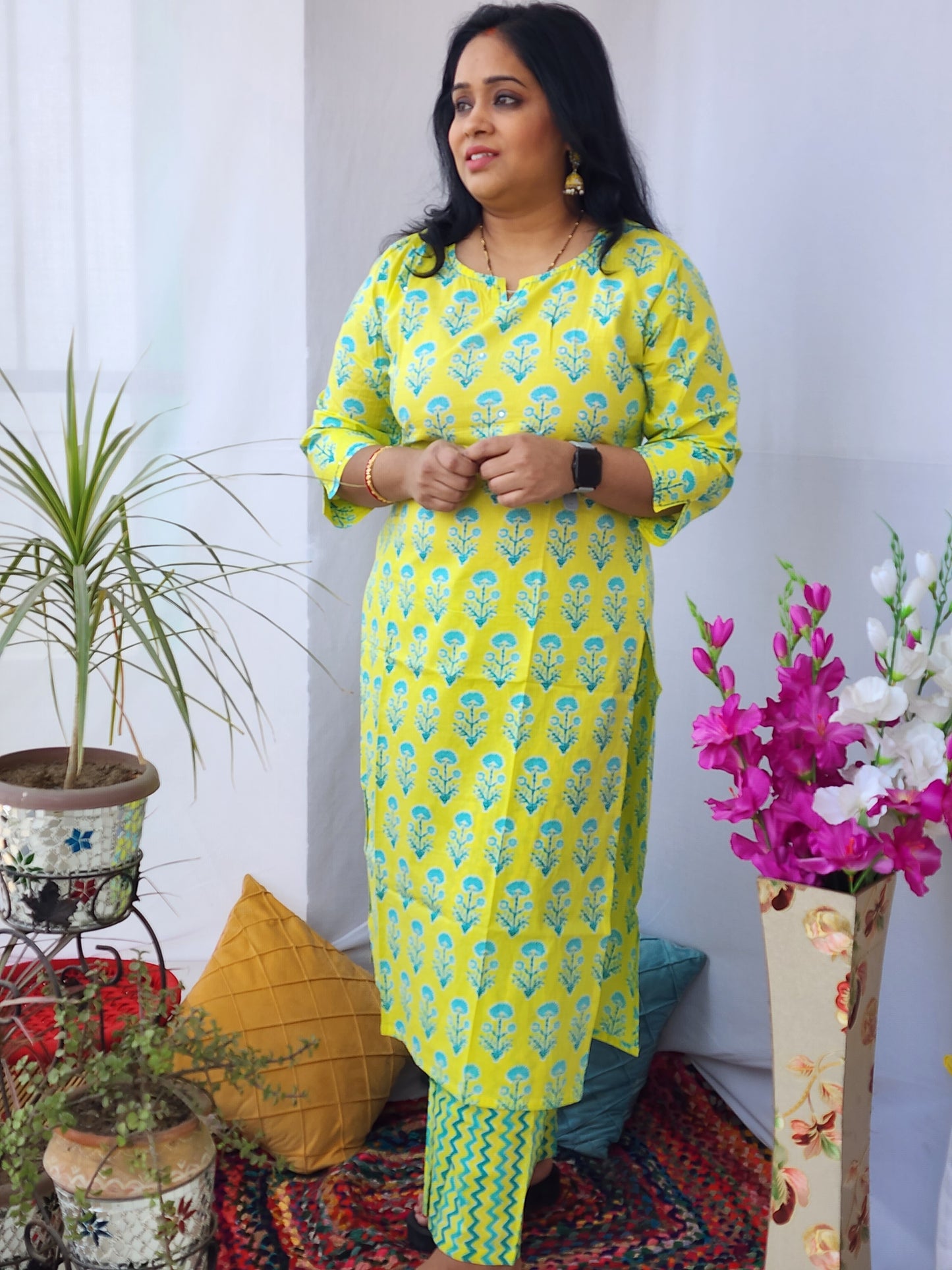 Yellow Block Print Kurta Pant