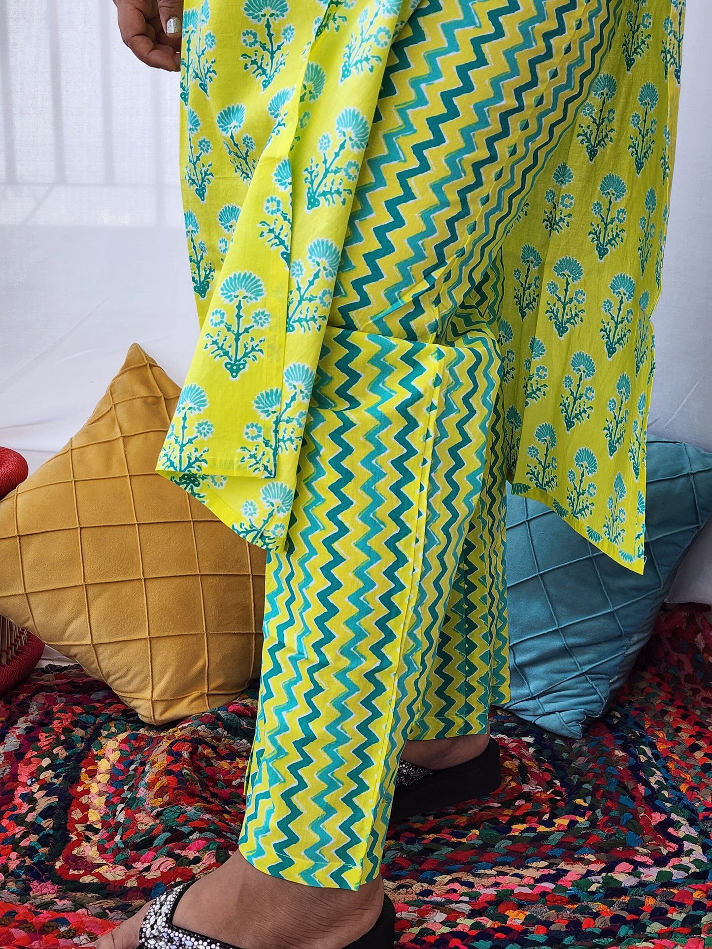 Yellow Block Print Kurta Pant