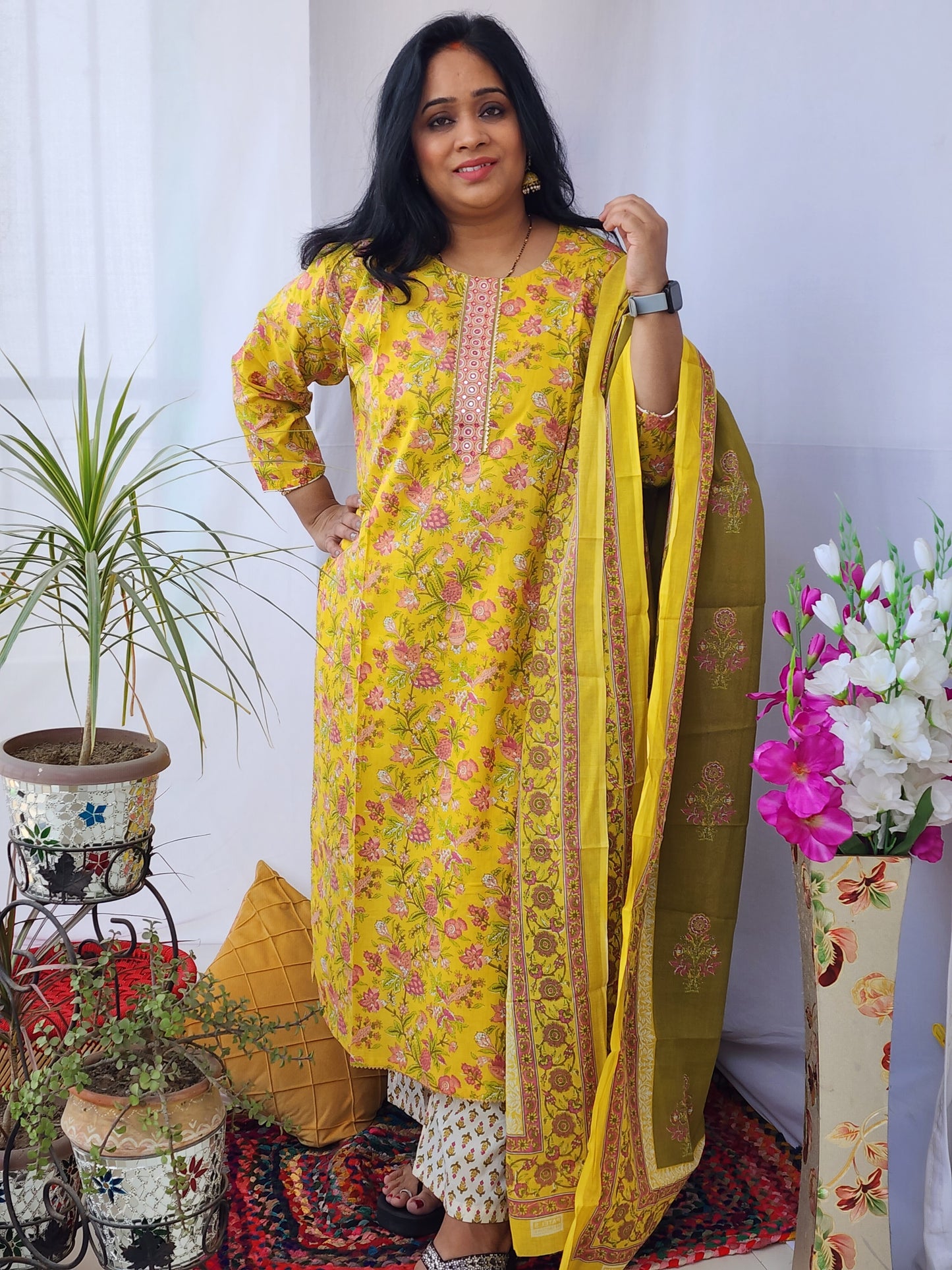 Yellow Block Print Cotton Suit Set