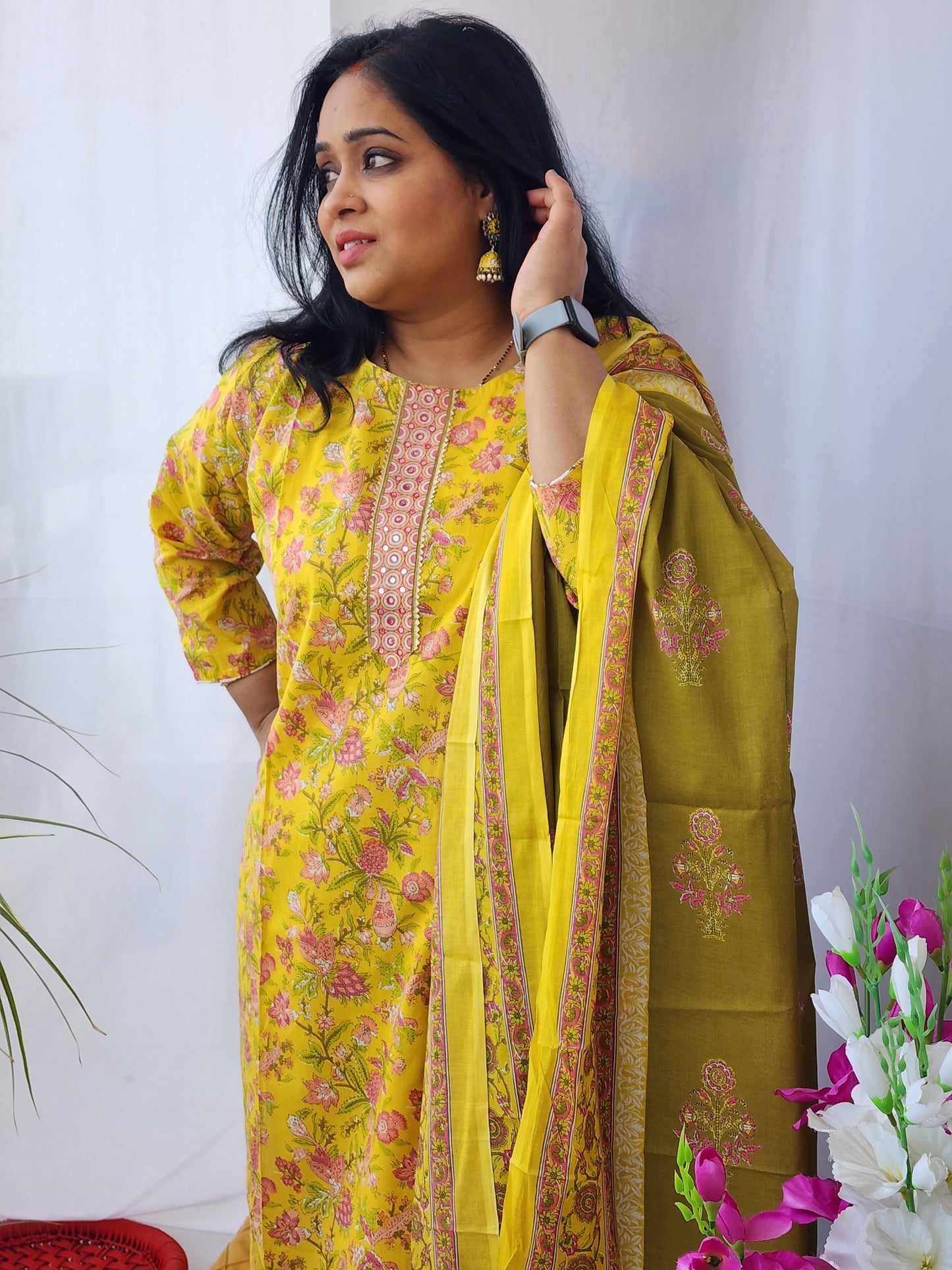 Yellow Block Print Cotton Suit Set