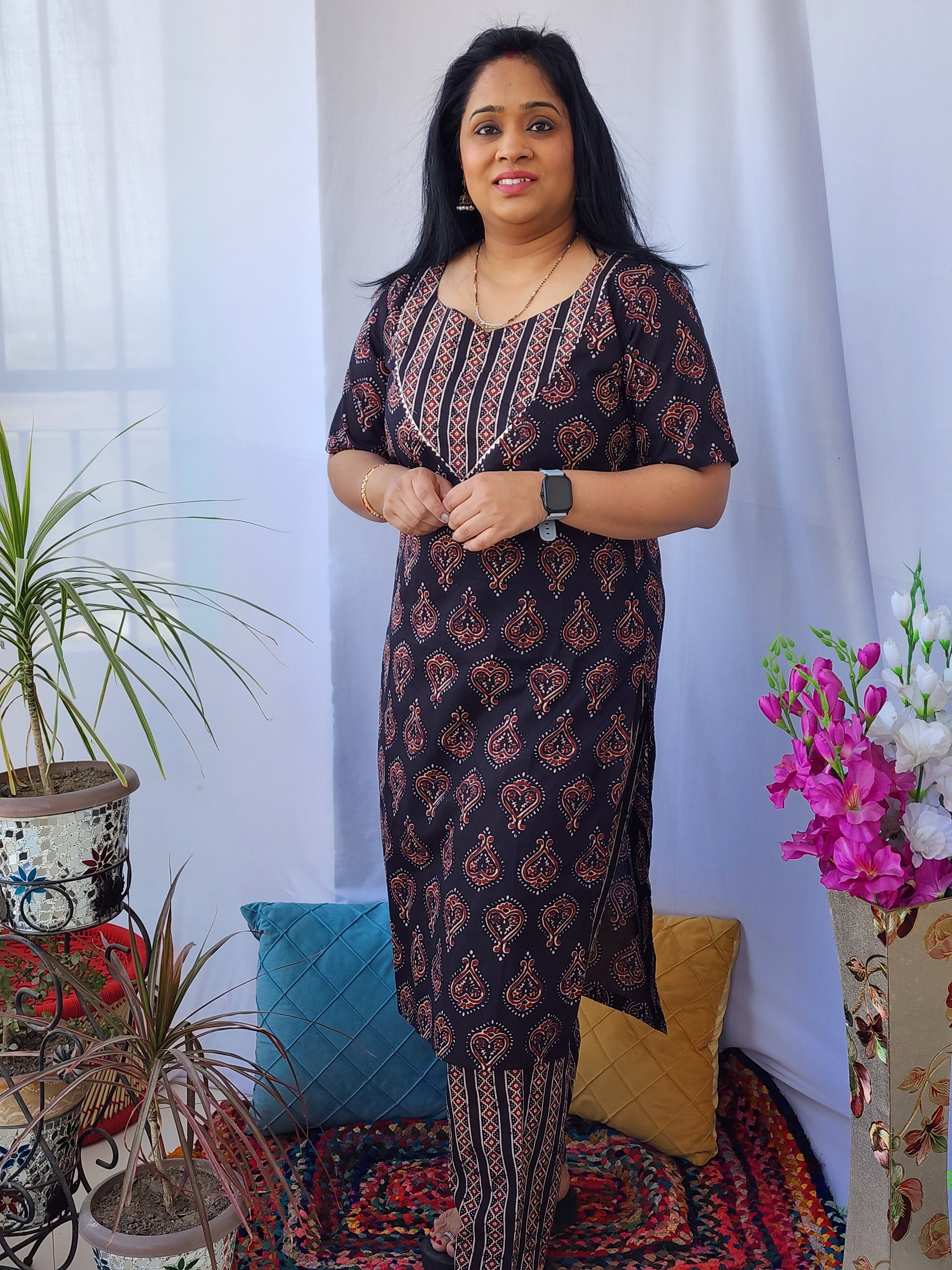 Black Ajrakh Cotton Kurta Pant Set