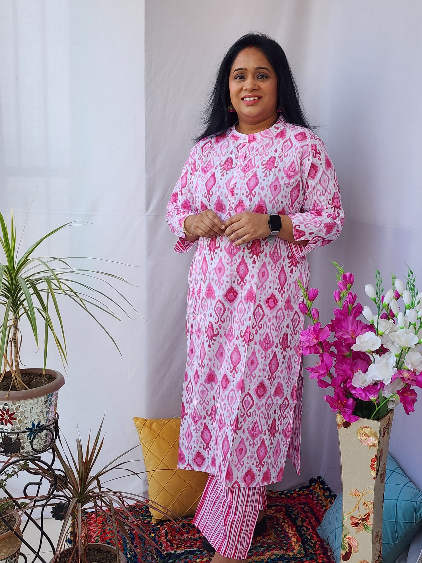 Pink Ikkat Print Cotton Collar Kurta Pant Set