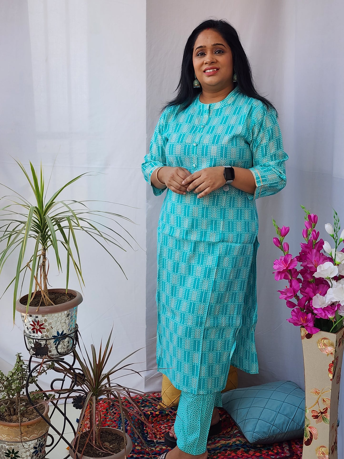 Teal Chanderi Kurta Pant Set