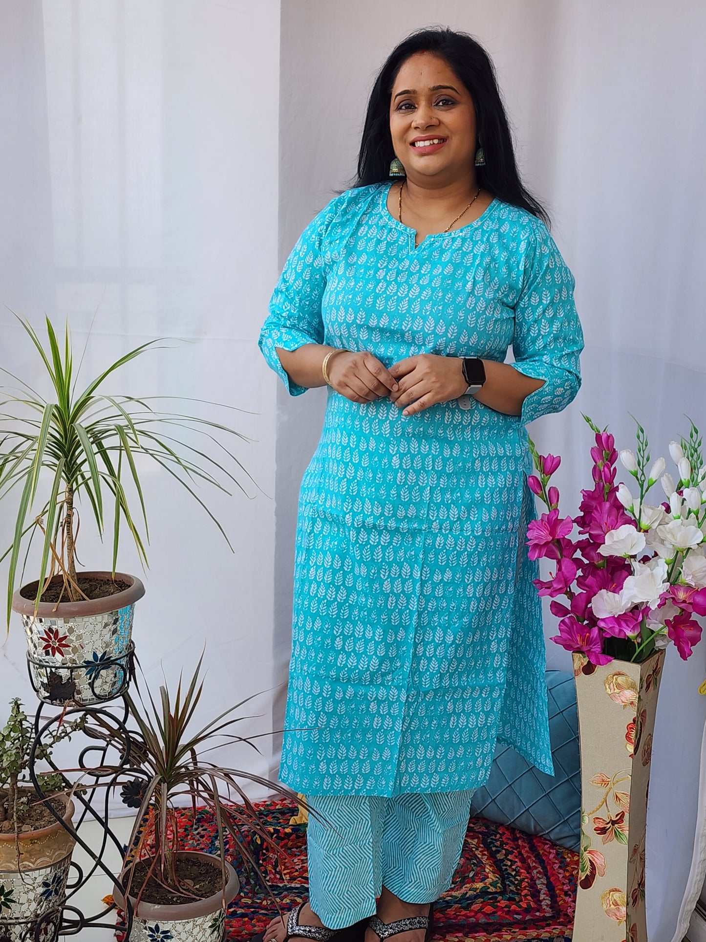 Teal Cotton Kurta Pant Set