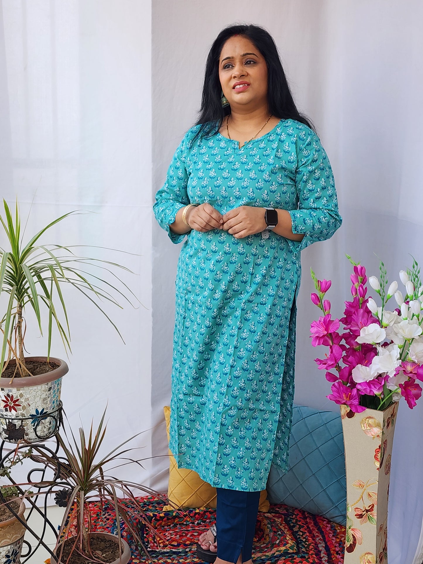 Teal Cotton Kurta Pant Set