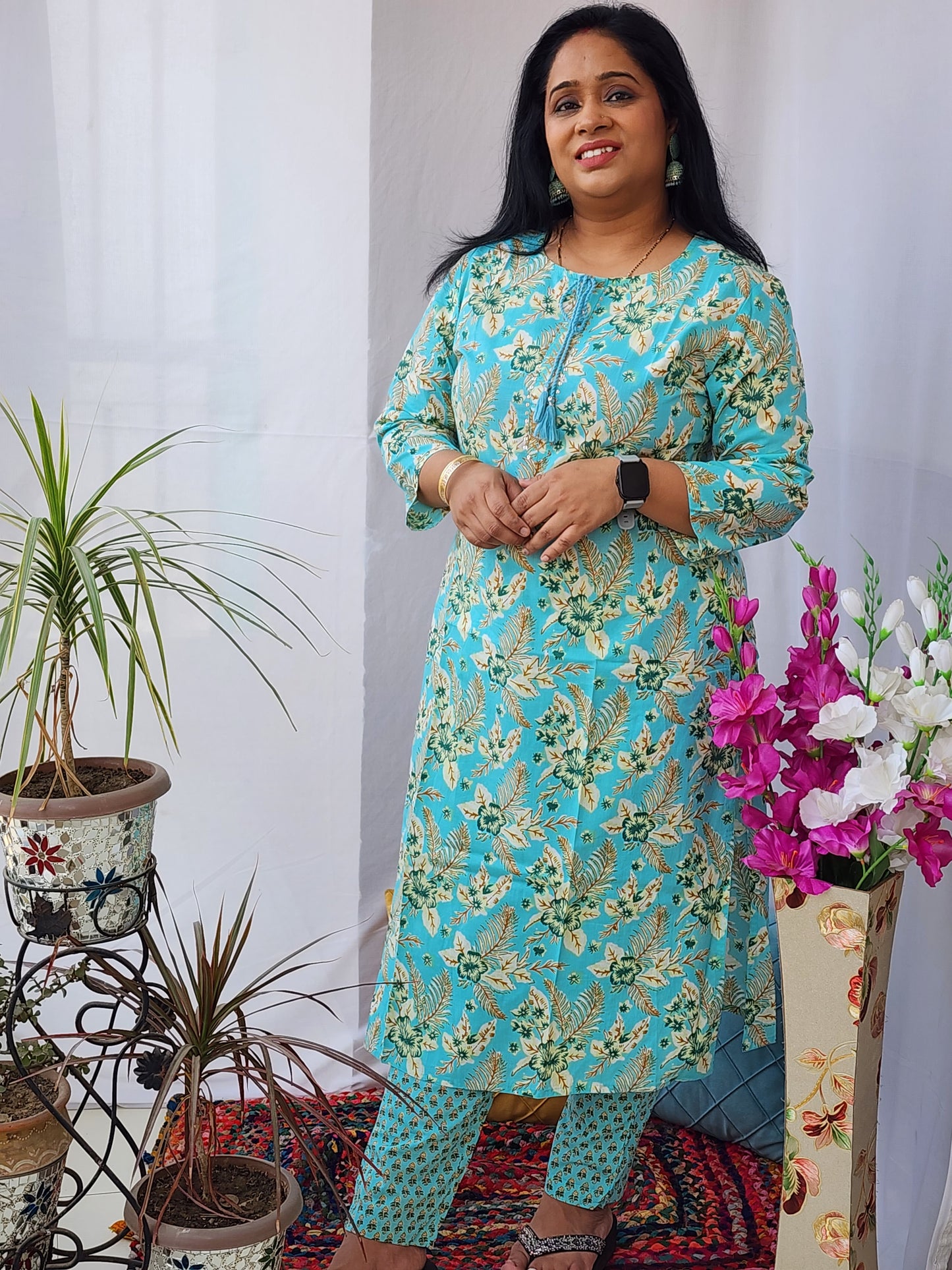 Teal Cotton Kurta Pant Set