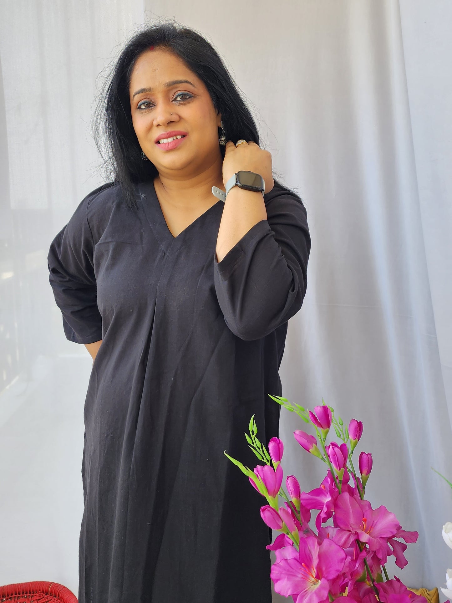 Black Cotton Solid Kurta