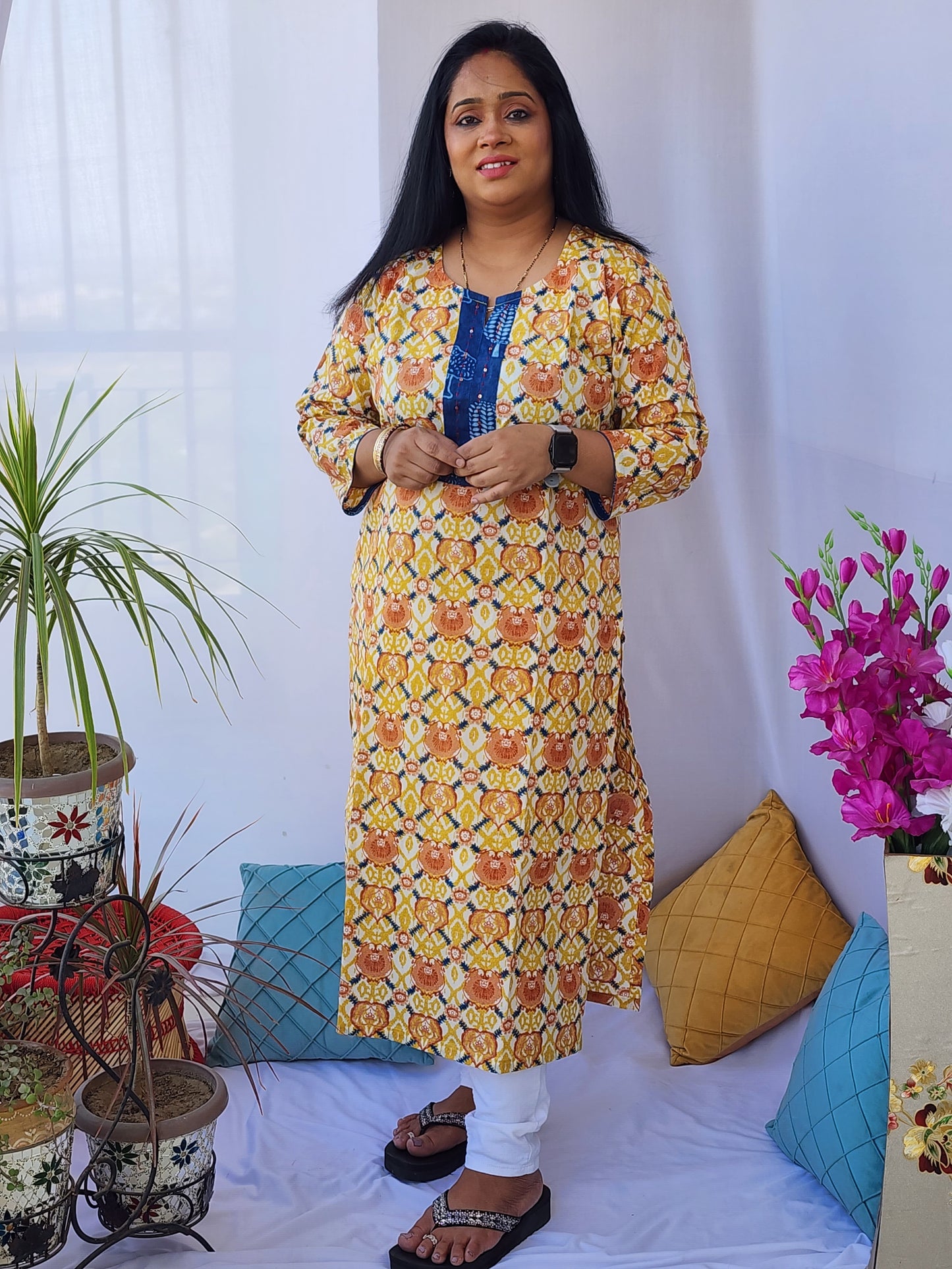 Mustard BlockPrint  Kurta with Thread work